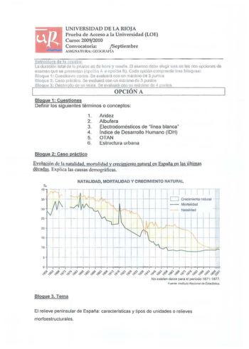 UNIVERSIDAD DE LA RIOJA Prueba de Acceso a la Universidad LOE Curso 20092010 Convocatoria Septiembre ASIGNAT URA GEOGRAFÍA Esírustura de IB Jn1iba La duración total de Id pruebn es de h or y 1ieui1 El aíunmo dcb2 ele9i n1 de las do3 opciones de examen que se presentan rci  J 6n S Cada opció1 comprnnde 10s bloq z Born l Cuestiunrf co tas Se evaiuaa con un mádr10 ce 3 puntes Ploq1 e 1 Caso préctico Se wrluará con un máximo d 3 puntos Bloque 3 Desarrnllo diéi un tema Se evaluara co1 11 11 triéimo …