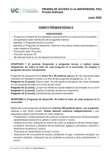 Examen de Coro y Técnica Vocal (EBAU de 2025)