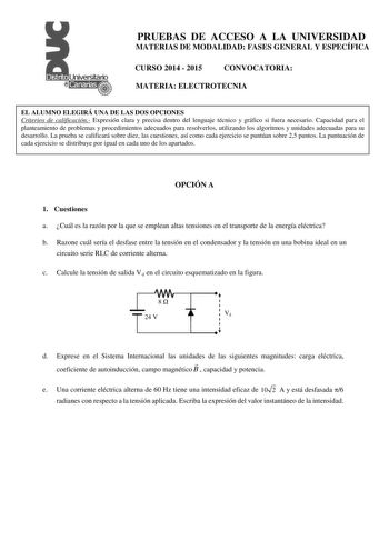 Examen de Electrotecnia (PAU de 2015)