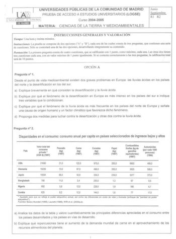 Examen de Ciencias de la Tierra y Medioambientales (selectividad de 2005)