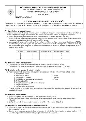 UNIVERSIDADES PÚBLICAS DE LA COMUNIDAD DE MADRID EVALUACIÓN PARA EL ACCESO A LAS ENSEÑANZAS UNIVERSITARIAS OFICIALES DE GRADO Curso 20212022 MATERIA BIOLOGÍA INSTRUCCIONES GENERALES Y CALIFICACIÓN Después de leer atentamente el examen responda a cinco preguntas cualesquiera a elegir entre las diez que se proponen CALIFICACIÓN Todas las preguntas se calificarán sobre dos puntos TIEMPO 90 minutos A1 Con relación a la respuesta inmune Para evitar una reacción de rechazo inmunitario antes de realiz…