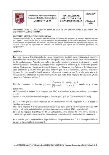 Examen de Matemáticas Aplicadas a las Ciencias Sociales (EBAU de 2018)