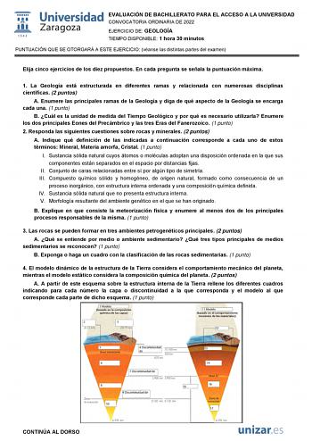 EVALUACIÓN DE BACHILLERATO PARA EL ACCESO A LA UNIVERSIDAD CONVOCATORIA ORDINARIA DE 2022 EJERCICIO DE GEOLOGÍA TIEMPO DISPONIBLE 1 hora 30 minutos PUNTUACIÓN QUE SE OTORGARÁ A ESTE EJERCICIO véanse las distintas partes del examen Elija cinco ejercicios de los diez propuestos En cada pregunta se señala la puntuación máxima 1 La Geología está estructurada en diferentes ramas y relacionada con numerosas disciplinas científicas 2 puntos A Enumere las principales ramas de la Geología y diga de qué …