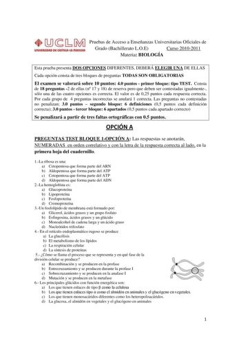 Pruebas de Acceso a Enseñanzas Universitarias Oficiales de Grado Bachillerato LOE Curso 20102011 Materia BIOLOGÍA Esta prueba presenta DOS OPCIONES DIFERENTES DEBERÁ ELEGIR UNA DE ELLAS Cada opción consta de tres bloques de preguntas TODAS SON OBLIGATORIAS El examen se valorará sobre 10 puntos 40 puntos  primer bloque tipo TEST Consta de 18 preguntas 2 de ellas n 17 y 18 de reserva pero que deben ser contestadas igualmente sólo una de las cuatro opciones es correcta El valor es de 025 puntos ca…