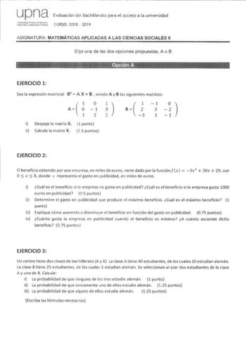 upna Evaluación del bachillerato para el acceso a la universidad tdufs1Llfi CURSO 2018  2019 ASIGNATURA MATEMÁTICAS APLICADAS A LAS CIENCIAS SOCIALES 11 Elija una de las dos opciones propuestas A o B EJERCICIO 1 Sea la expresión matricial B  A X  B siendo A y B las siguientes matrices   o A  1 22 i  1 B 3  3 1 1 i Despeje la matriz X 1 punto ii Calcule la matriz X 25 puntos EJERCICIO 2  El beneficio obtenido por una empresa en miles de euros viene dado por la función fx 3x 2  30x  20 con O S x …