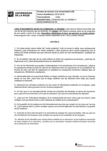 Examen de Ciencias de la Tierra y Medioambientales (PAU de 2016)