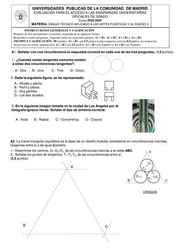 Examen de Dibujo Técnico Aplicado a las Artes Plásticas y al Diseño II (EvAU de 2024)