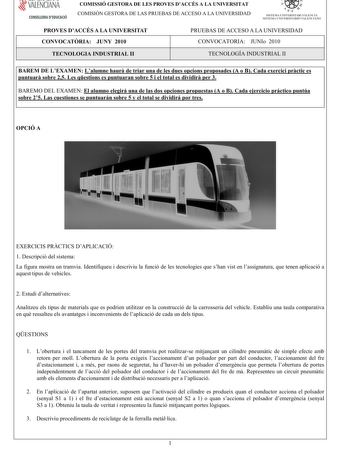 VALENCIANA CONSELLERIA DEDUCACIÓ COMISSIÓ GESTORA DE LES PROVES DACCÉS A LA UNIVERSITAT COMISIÓN GESTORA DE LAS PRUEBAS DE ACCESO A LA UNIVERSIDAD  r f n  SISTEMA UNIVERSITARI VALENCIA SISTE1VIA lJNIVERSITARIO VALENCIANO PROVES DACCÉS A LA UNIVERSITAT CONVOCATRIA JUNY 2010 PRUEBAS DE ACCESO A LA UNIVERSIDAD CONVOCATORIA JUNIo 2010 TECNOLOGIA INDUSTRIAL II TECNOLOGÍA INDUSTRIAL II BAREM DE LEXAMENLalumnehaurdetriarunadelesduesopcionsproposadesA oBCadaexerciciprctices puntuarsobre25Lesqestionsesp…