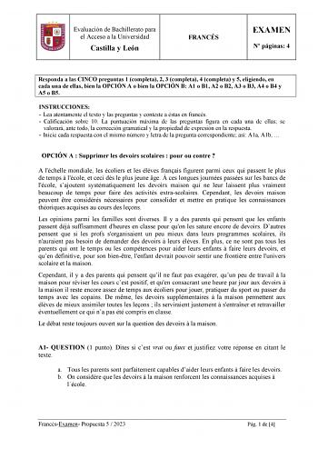 Examen de Francés (EBAU de 2023)