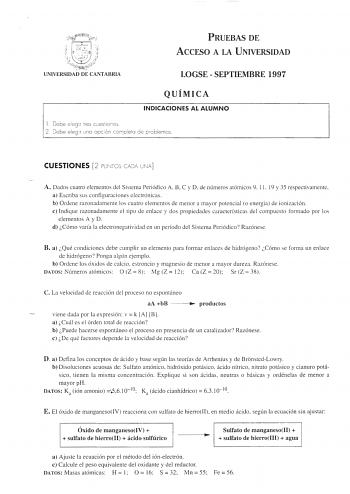 Examen de Química (selectividad de 1997)