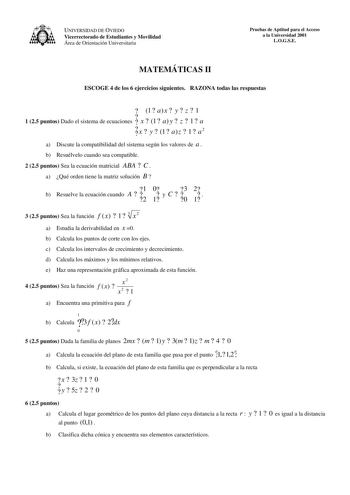 Examen de Matemáticas II (selectividad de 2001)