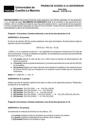 Examen de Química (EvAU de 2025)