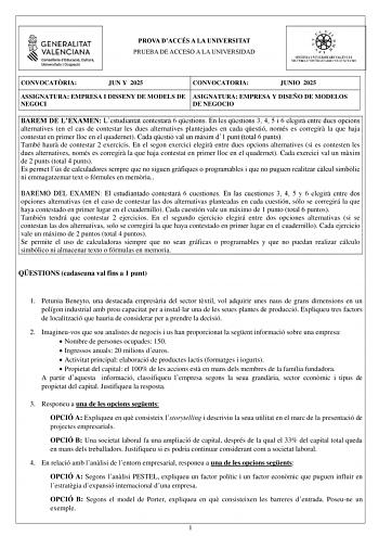 Examen de Empresa y Diseño de Modelos de Negocio (PAU de 2025)