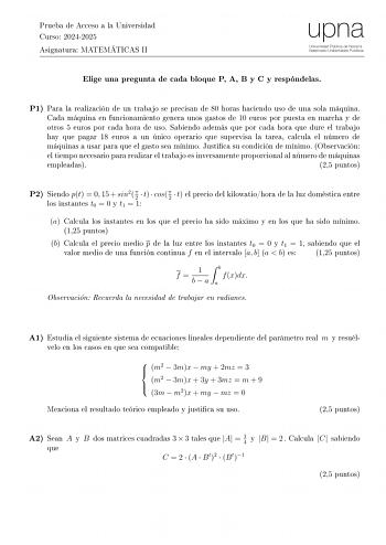 Examen de Matemáticas II (EvAU de 2025)