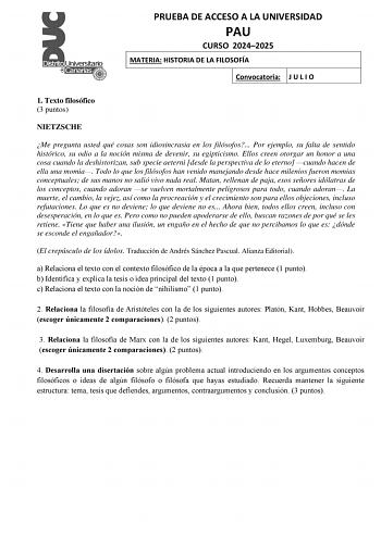 Examen de Historia de la Filosofía (EBAU de 2025)