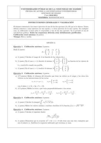 Examen de Matemáticas II (PAU de 2011)