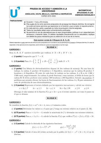 Examen de Matemáticas Aplicadas a las Ciencias Sociales (PEvAU de 2020)