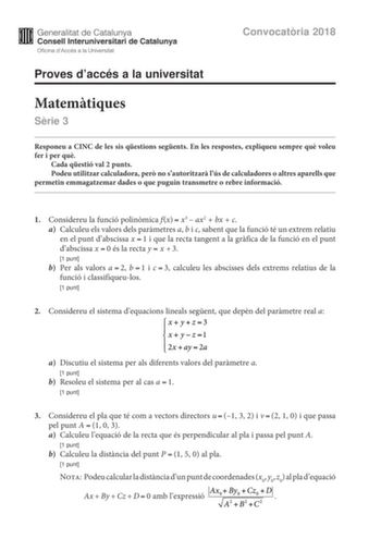 Examen de Matemáticas II (PAU de 2018)