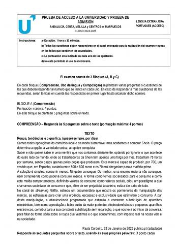 Examen de Portugués (PEvAU de 2025)