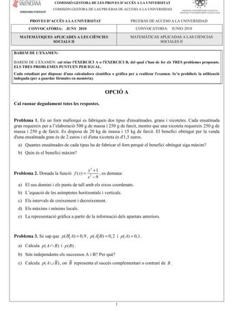 Examen de Matemáticas Aplicadas a las Ciencias Sociales (PAU de 2010)