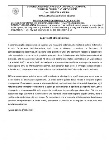 Italiano – EvAU Comunidad de Madrid (2026)