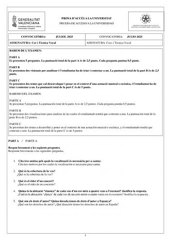 Examen de Coro y Técnica Vocal (PAU de 2025)
