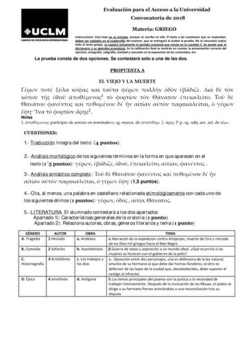 Evaluación para el Acceso a la Universidad Convocatoria de 2018 Materia GRIEGO Instrucciones Esta hoja no se entrega aunque se escriba en ella El texto y las cuestiones que se respondan deben ser copiados en el cuadernillo del examen que se entregará al acabar la prueba No es necesario copiar todo el texto griego se copiará únicamente el período oracional que consta en la cuestión 3 Se puede usar el diccionario y su apéndice gramatical En la calificación final se tendrán en cuenta la presentaci…