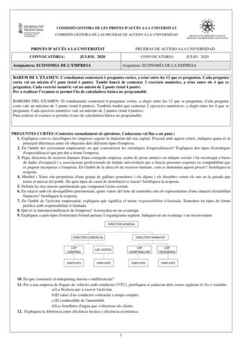 COMISSIÓ GESTORA DE LES PROVES DACCÉS A LA UNIVERSITAT COMISIÓN GESTORA DE LAS PRUEBAS DE ACCESO A LA UNIVERSIDAD PROVES DACCÉS A LA UNIVERSITAT CONVOCATRIA JULIOL 2020 Assignatura ECONOMIA DE LEMPRESA PRUEBAS DE ACCESO A LA UNIVERSIDAD CONVOCATORIA JULIO 2020 Asignatura ECONOMÍA DE LA EMPRESA BAREM DE LEXAMEN Lestudiantat contestar 6 preguntes curtes a triar entre les 12 que es pregunten Cada pregunta curta val un mxim d1 punt total 6 punts També haur de contestar 2 exercicis numrics a triar e…