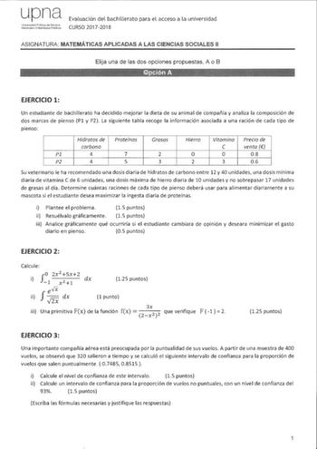 upna Ur1jversiJat1 Pi1blica de N8vArrfl Natoako ubeílsilale Ptlikoa Evaluación del bachillerato para el acceso a la universidad CURSO 20172018 ASIGNATURA MATEMÁTICAS APLICADAS A LAS CIENCIAS SOCIALES 11 Elija una de las dos opciones propuestas A o B EJERCICIO 1 Un estudiante de bachillerato ha decidido mejorar la dieta de su animal de compañía y analiza la composición de dos marcas de pienso Pl y P2 La siguiente tabla recoge la información asociada a una ración de cada tipo de pienso Hidratos d…