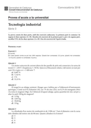 Examen de Tecnología Industrial (PAU de 2018)