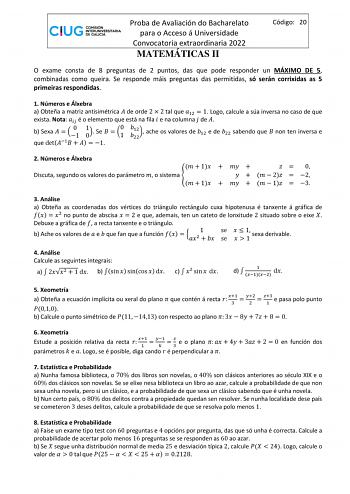 Examen de Matemáticas II (ABAU de 2022)