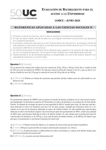 Examen de Matemáticas Aplicadas a las Ciencias Sociales (EBAU de 2023)