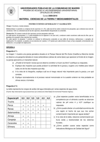 UNIVERSIDADES PÚBLICAS DE LA COMUNIDAD DE MADRID PRUEBA DE ACCESO A LAS ENSEÑANZAS UNIVERSITARIAS OFICIALES DE GRADO Curso 20092010 MATERIA CIENCIAS DE LA TIERRA Y MEDIOAMBIENTALES INSTRUCCIONES GENERALES Y VALORACIÓN Tiempo Una hora y treinta minutos Instrucciones La prueba se compone de dos opciones A y B cada una de las cuales consta de tres preguntas que contienen una serie de cuestiones Sólo se contestará una de las dos opciones desarrollando íntegramente su contenido Puntuación El examen …