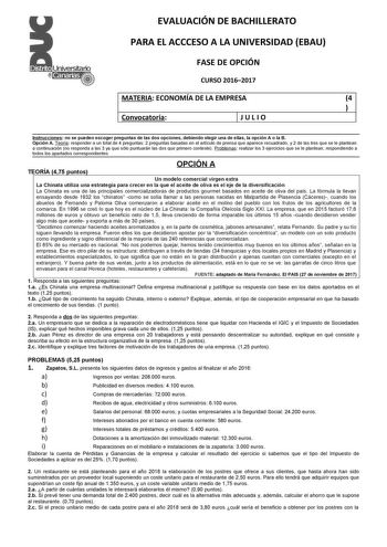 Examen de Economía de la Empresa (EBAU de 2017)