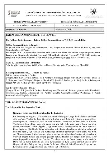 COMISSIÓ GESTORA DE LES PROVES DACCÉS A LA UNIVERSITAT COMISIÓN GESTORA DE LAS PRUEBAS DE ACCESO A LA UNIVERSIDAD PROVES DACCÉS A LA UNIVERSITAT CONVOCATRIA JUNY 2022 Assignatura ALEMANY PRUEBAS DE ACCESO A LA UNIVERSIDAD CONVOCATORIA JUNIO 2022 Asignatura ALEMÁN BAREM DE LEXAMENBAREMO DEL EXAMEN Die Prfung besteht aus zwei Teilen Teil A Leseverstndnis Teil B Textproduktion Teil A Leseverstndnis 6 Punkte Insgesamt sind vier Fragen zu beantworten Drei Fragen zum Textverstndnis 5 Punkte und eine …