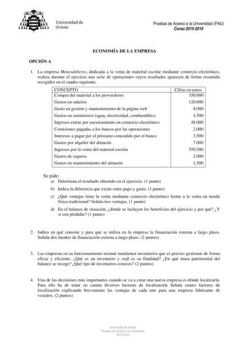 Universidad de Oviedo Pruebas de Acceso a la Universidad PAU Curso 20152016 ECONOMÍA DE LA EMPRESA OPCIÓN A 1 La empresa Menosdeberes dedicada a la venta de material escolar mediante comercio electrónico realiza durante el ejercicio una serie de operaciones cuyos resultados aparecen de forma resumida recogidos en el cuadro siguiente CONCEPTO Compra del material a los proveedores Gastos en salarios Gasto en gestión y mantenimiento de la página web Gastos en suministros agua electricidad combusti…