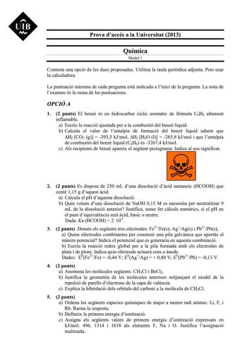 Examen de Química (PAU de 2013)