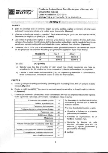 UNIVERSIDAD DE LA RIOJA Prueba de Evaluación de Bachillerato para el Acceso a la Universidad EBAU Curso Académico 20172018 ASIGNATURA ECONOMÍA DE LA EMPRESA PARTE 1 1 Entre los distintos tipos de empresa según su forma jurídica explica brevemente el empresario individual tres características una ventaja y una desventaja 1 punto 2 Qué se entiende por ventaja competitiva Explica las estrategias genéricas liderazgo en costes diferenciación de producto y enfoque 1 punto 3 Los costes de producción e…