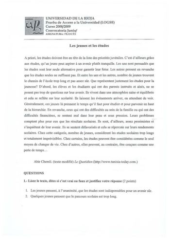 Examen de Francés (selectividad de 2009)