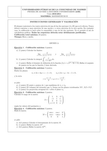 Examen de Matemáticas II (PAU de 2011)