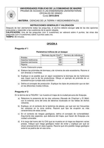 UNIVERSIDADES PÚBLICAS DE LA COMUNIDAD DE MADRID PRUEBA DE ACCESO A LAS ENSEÑANZAS UNIVERSITARIAS OFICIALES DE GRADO Curso 20152016 MATERIA CIENCIAS DE LA TIERRA Y MEDIOAMBIENTALES INSTRUCCIONES GENERALES Y VALORACIÓN Después de leer atentamente todas las preguntas el alumno deberá escoger una de las dos opciones propuestas y responder a las cuestiones de la opción elegida CALIFICACIÓN Una de las preguntas con 4 cuestiones se valorará sobre 4 puntos las otras dos preguntas con 3 cuestiones sobr…