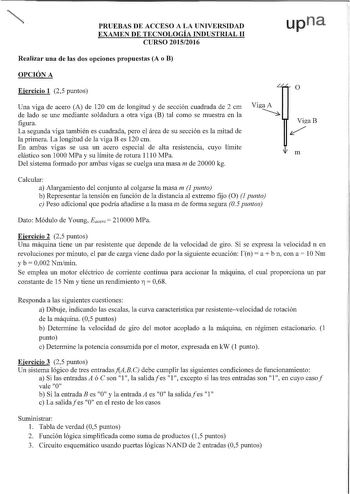 PRUEBAS DE ACCESO A LA UNIVERSIDAD EXAMEN DE TECNOLOGÍA INDUSTRIAL 11 CURSO 20152016 upna Realizar una de las dos opciones propuestas A o B OPCIÓN A Ejercicio 1 25 puntos o Una viga de acero A de 120 cm de longitud y de sección cuadrada de 2 cm de lado se une mediante soldadura a otra viga B tal como se muestra en la figura La segunda viga también es cuadrada pero el área de su sección es la mitad de la primera La longitud de la viga B es 120 cm En ambas vigas se usa un acero especial de alta r…