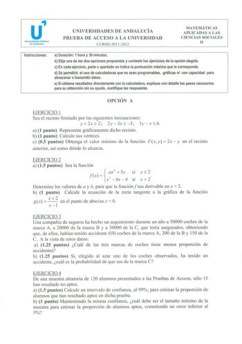 Examen de Matemáticas Aplicadas a las Ciencias Sociales (PAU de 2012)