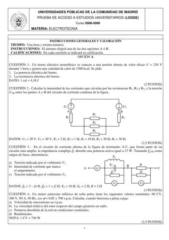 Examen de Electrotecnia (selectividad de 2009)