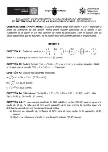 Examen de Matemáticas Aplicadas a las Ciencias Sociales (EBAU de 2018)