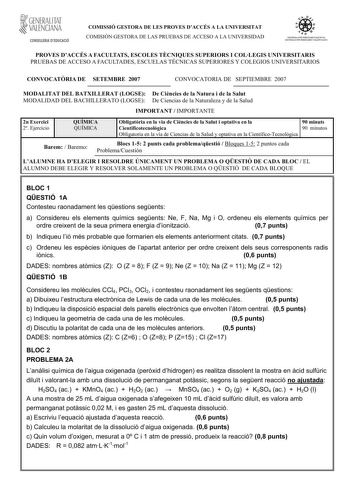 Examen de Química (selectividad de 2007)