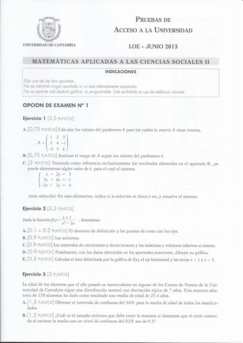 Examen de Matemáticas Aplicadas a las Ciencias Sociales (PAU de 2013)