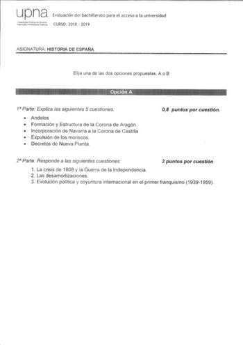 Examen de Historia de España (EvAU de 2019)