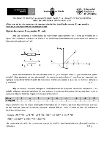 W UN IVERSIDAD DE   MURCIA Irrh Región de Murcia Universidad Politécnica de Cartagena PRUEBAS DE ACCESO A LA UNIVERSIDAD PARA EL ALUMNADO DE BACHILLERATO 148 ELECTROTECNIA SEPTIEMBRE 2016 Elig e u n a de las d os op cion es d e ex am en sig u ien t es  opción A u op ción B  No p u eden cont est arse pregunt as de am bas opciones Opción de examen A  preguntas A1  A4  A1 Dos tensiones e intensidades se representan vectorialmente tal y como se muestra en la figura inferior derecha Cada una de ella…