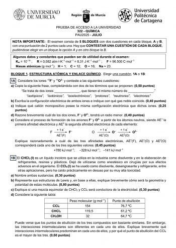 Examen de Química (EBAU de 2025)